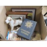Box containing postcards, ornamental figures plus prints and a box