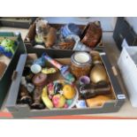 2 boxes containing a terracotta gin bottle, a biscuit barrel, lidded cooking pot, ornamental