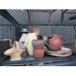 Cage containing studio pottery, sherry glasses and various vases