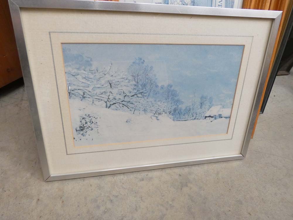 Quantity of water colours and prints to include snow landscapes, shop fronts, still life with - Image 2 of 9