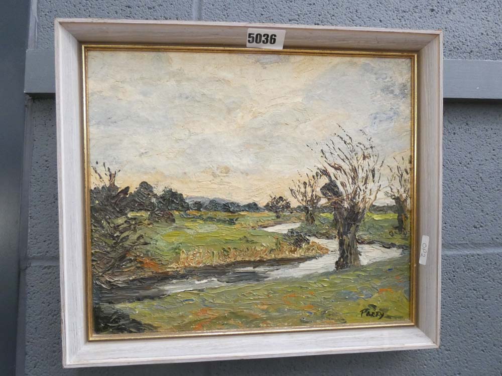 Oil on canvas stream with willow trees signed Parry