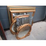 4 gilt framed mirrors plus an etched mirror