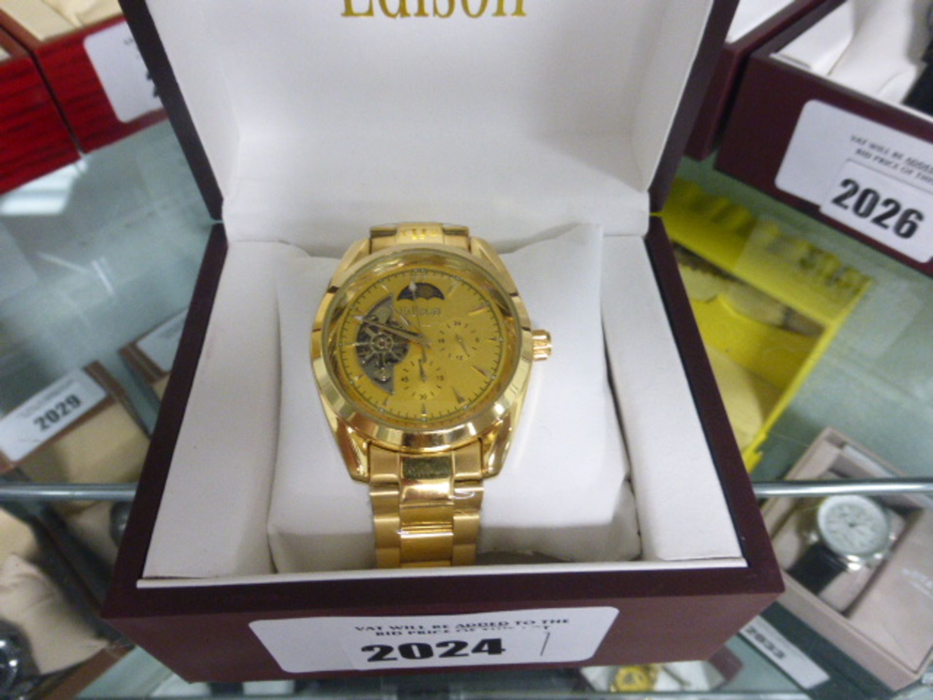 Edison stainless steel strap moon face dial wrist watch with box