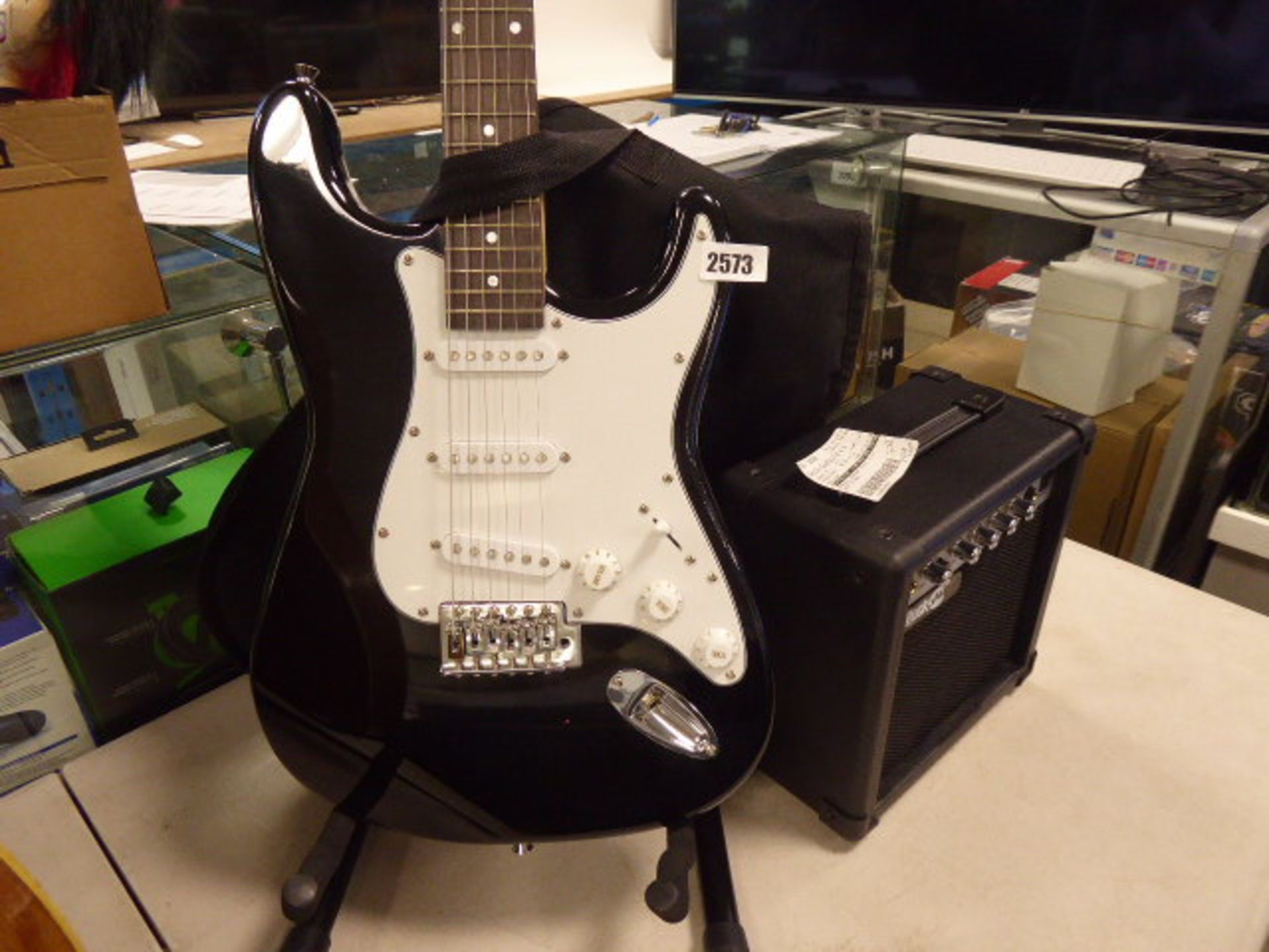 Elevation 6 string electric guitar in black and white finish with speaker - Image 2 of 3