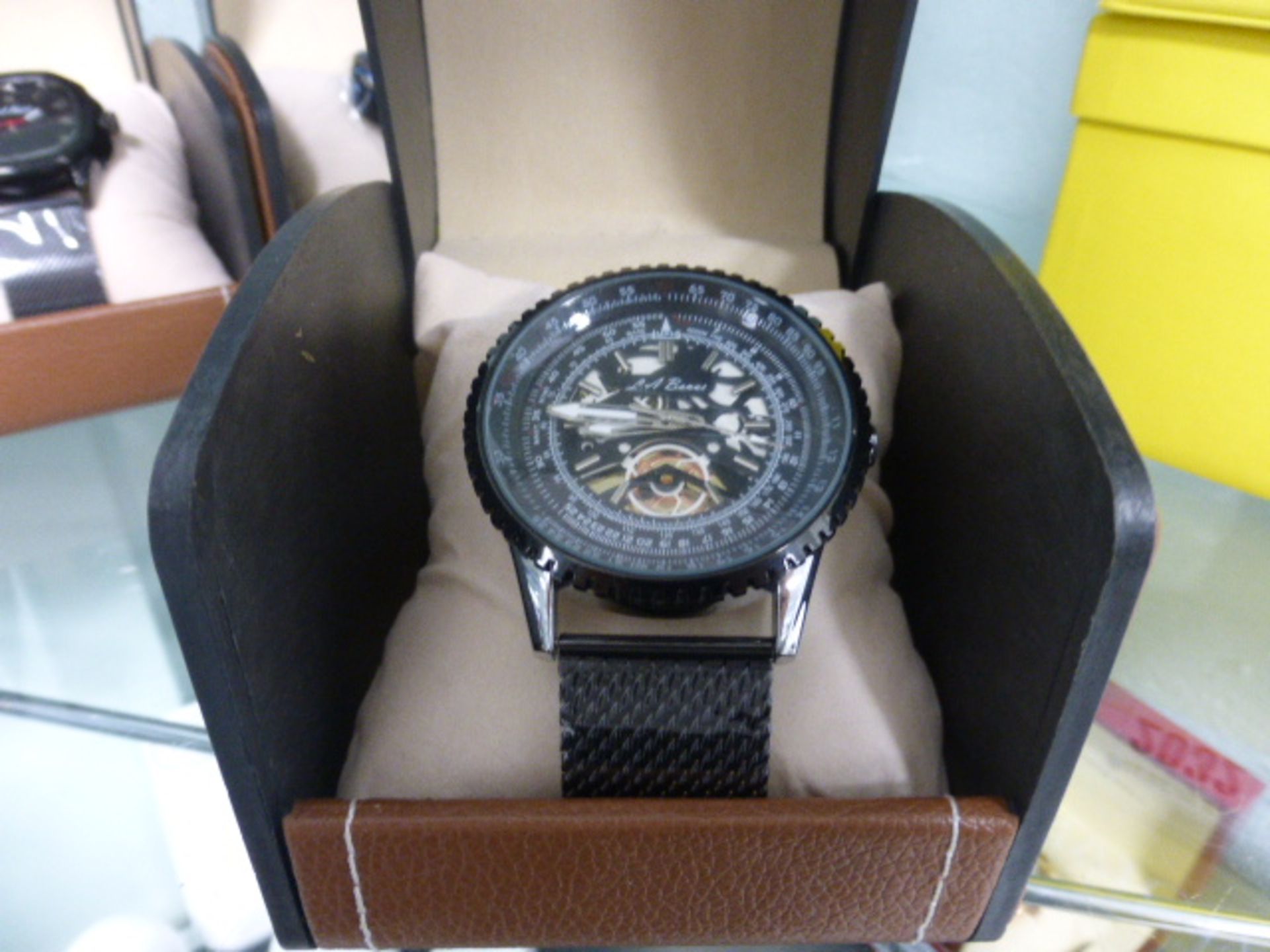 LA Banus black mesh strapped wrist watch with box