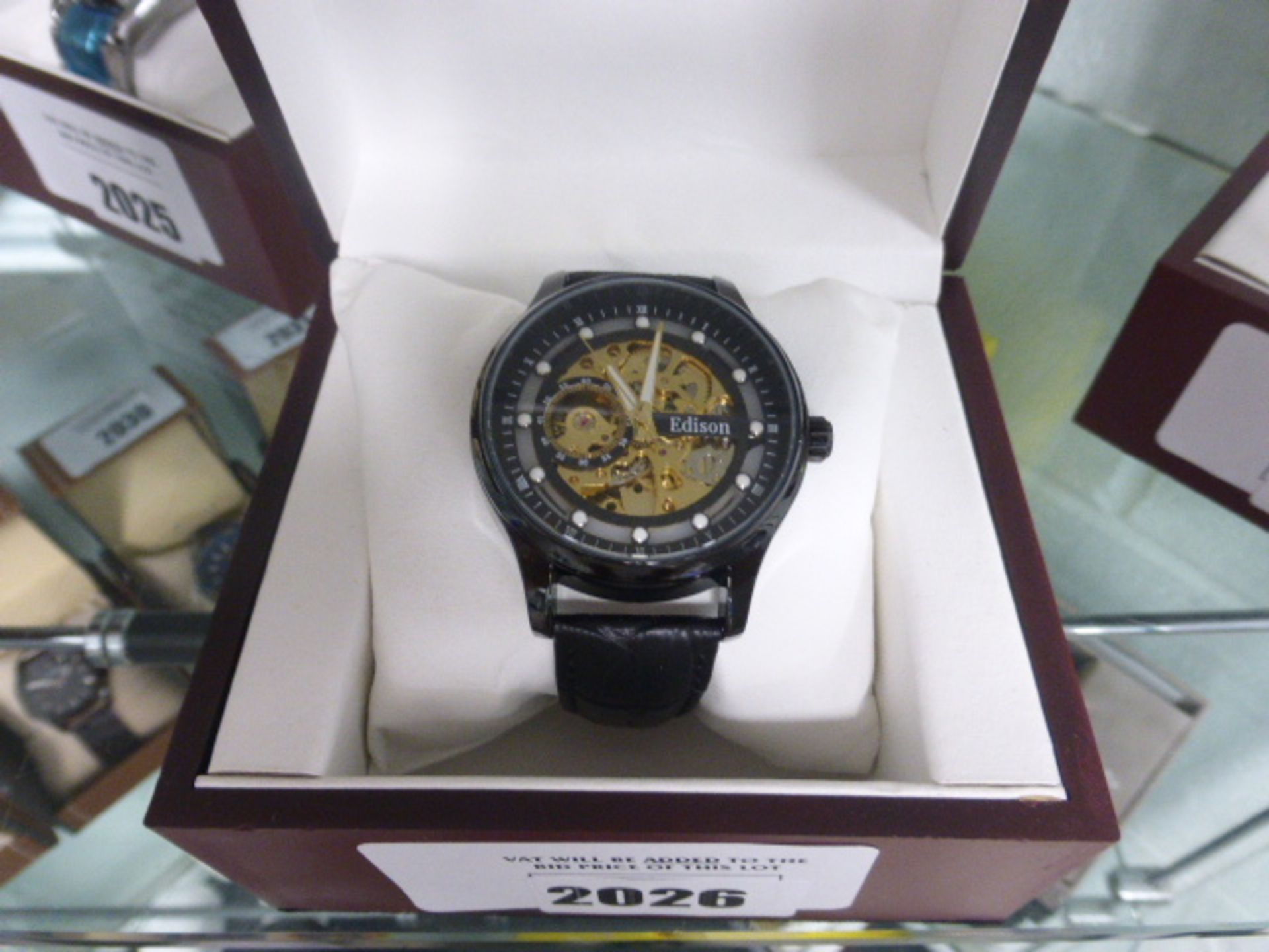 Edison black dial open movement automatic wrist watch with black leather strap