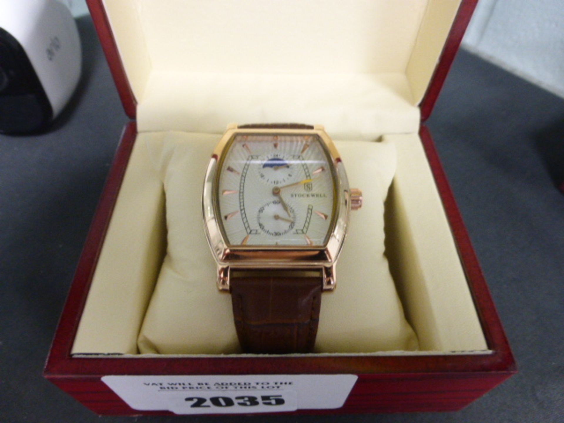 2028 Gents Stockwell moon face dial automatic wrist watch with brown leather strap and box