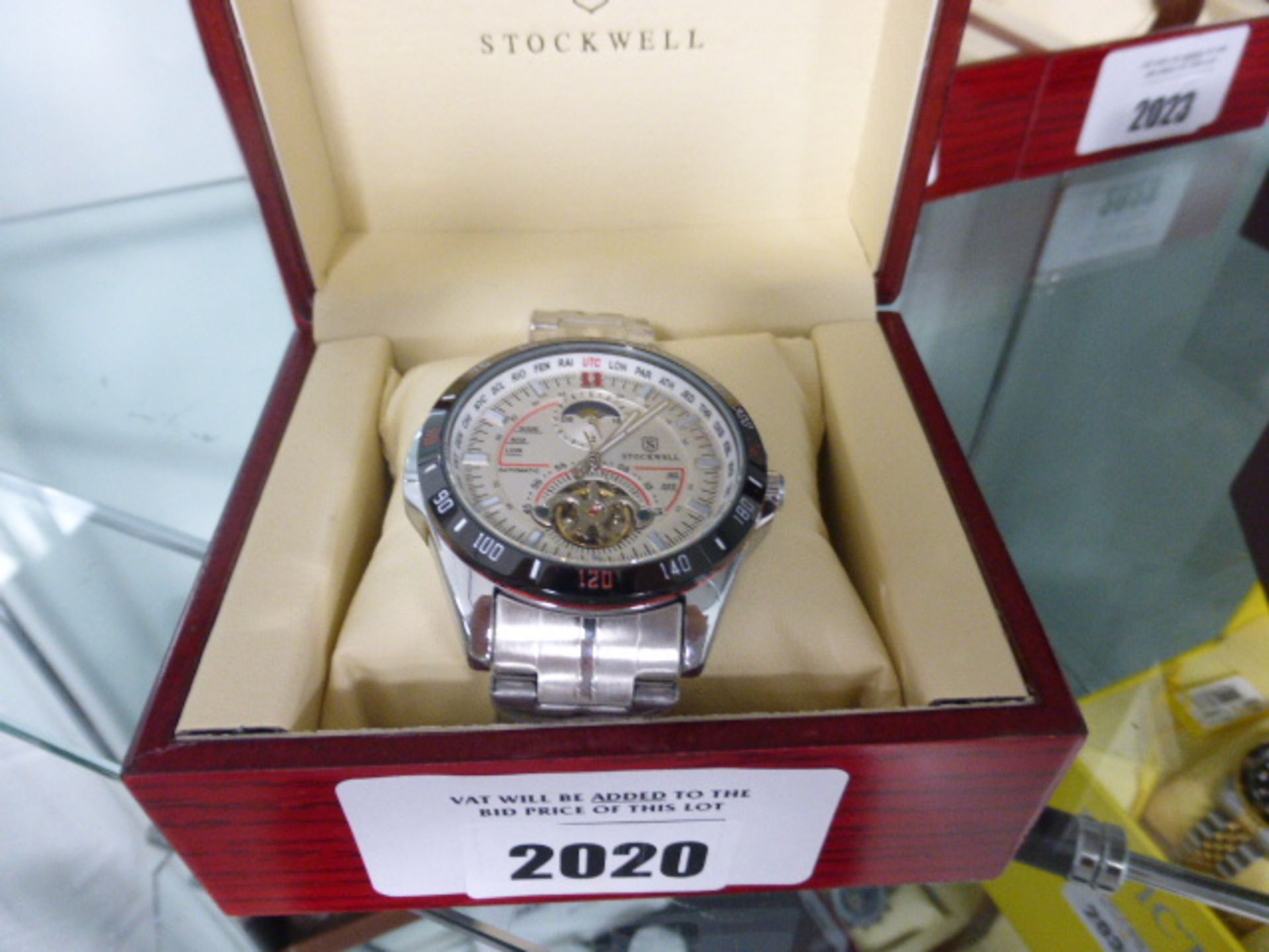 Gents Stockwell stainless steel strap automatic moonface dial wrist watch with box