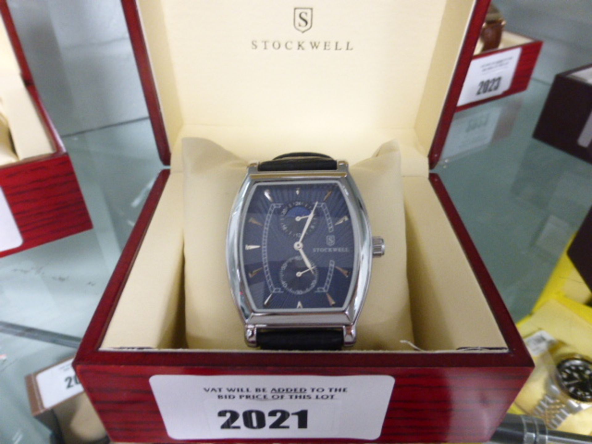 Gents Stockwell blue face dial black leather strap wrist watch with box