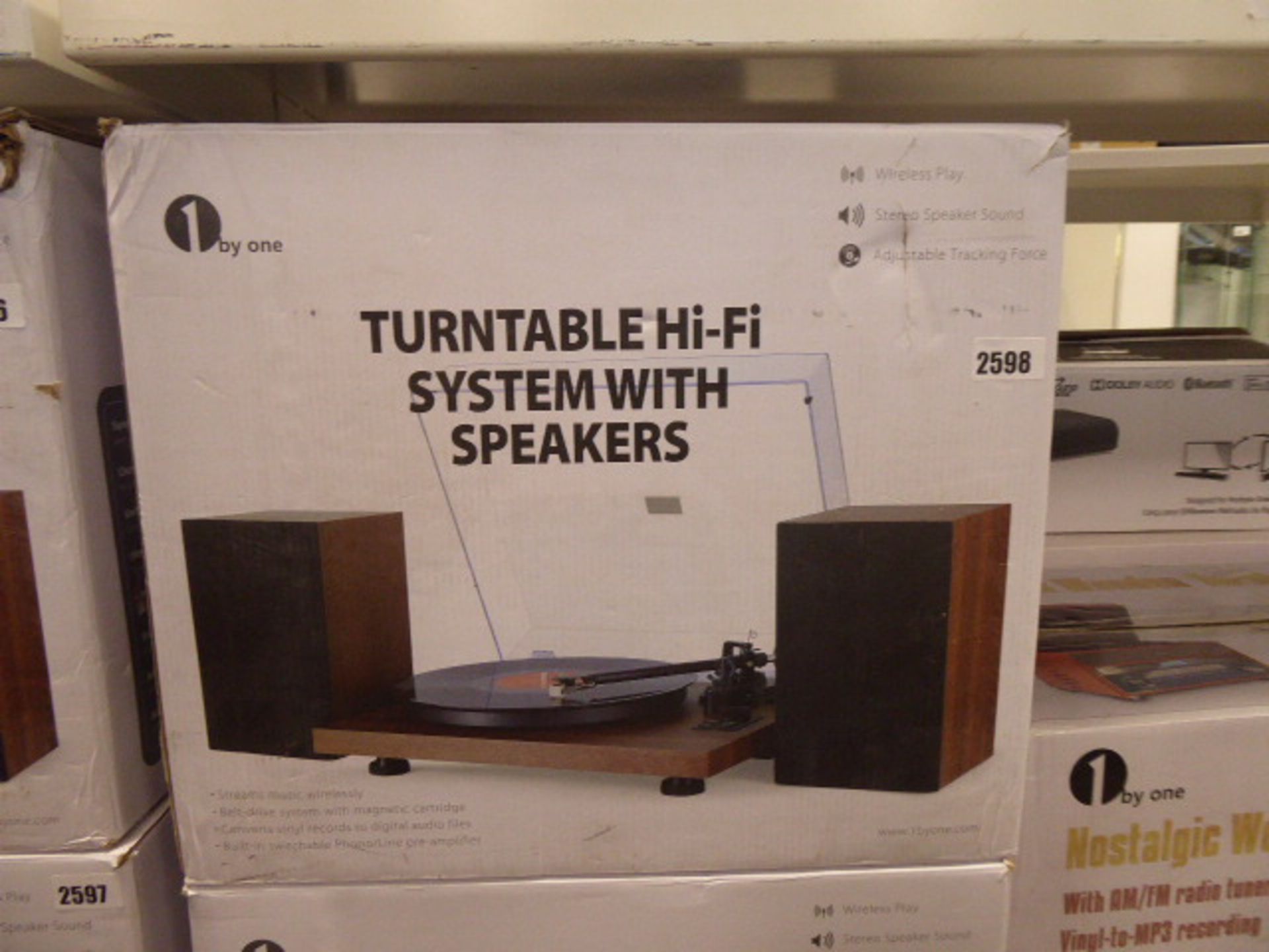 One by One turntable hi-fi system with speakers in box