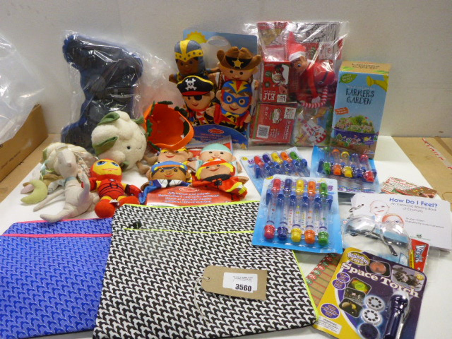 Elf On A Shelf set, Farmers Garden kit, Water flutes, soft toys, hand puppets, storage bags, How