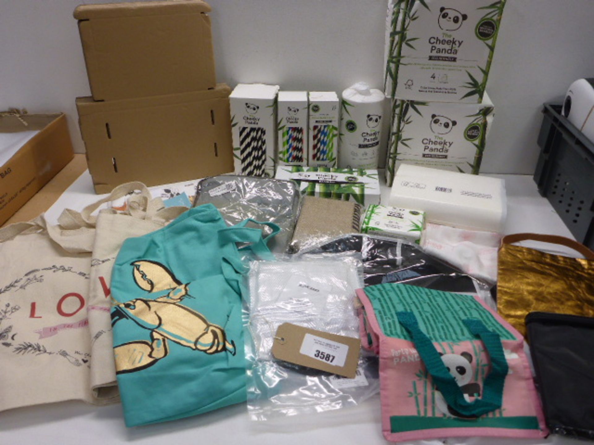 Cheeky Panda toilet tissue, dry wipes, straws, hand towels, quantity of flat pack cardboard boxes,