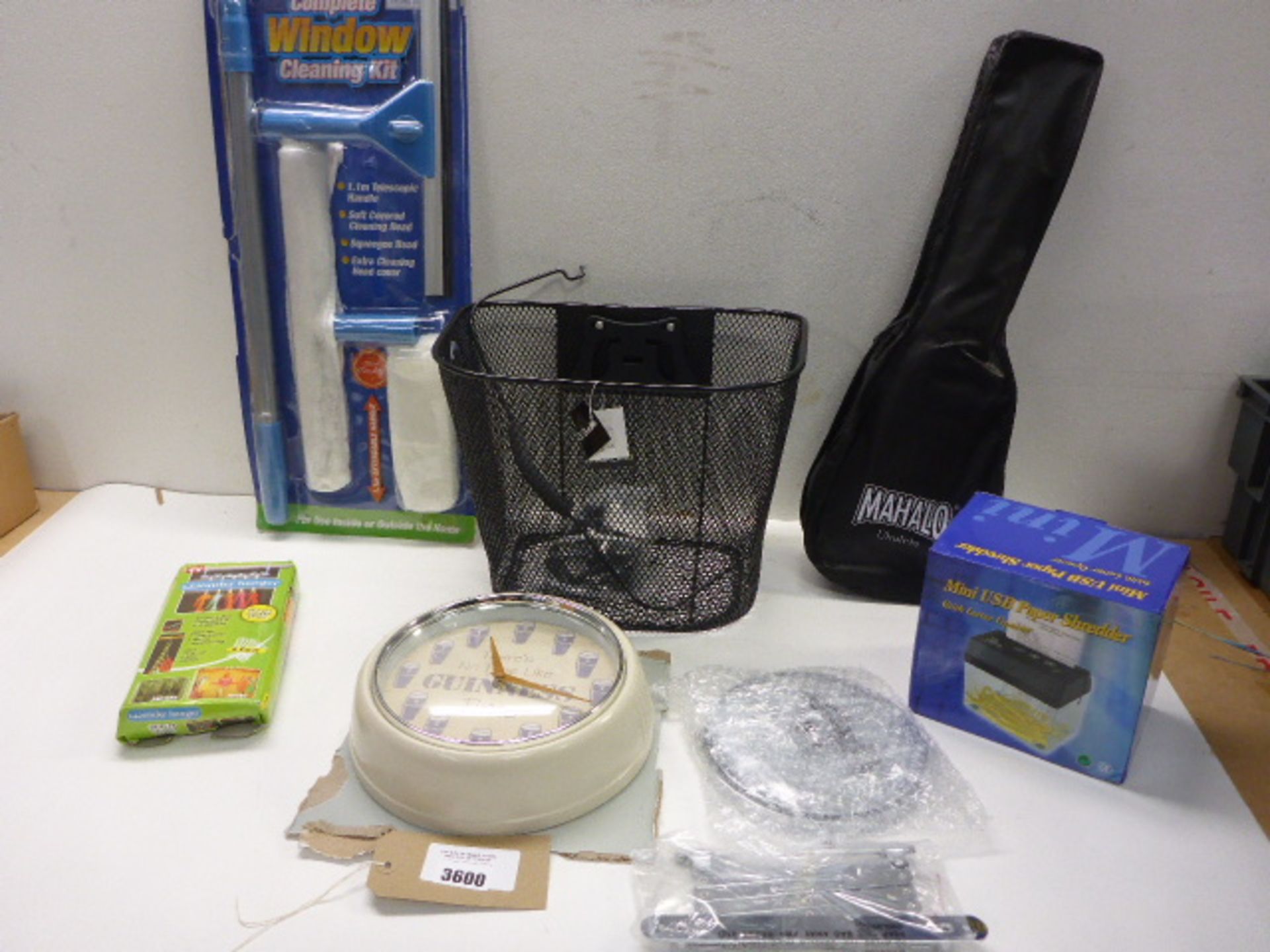 Ukulele, Pedal Pro bike basket, window cleaning kit, wall clock, bathroom mirror, mini paper