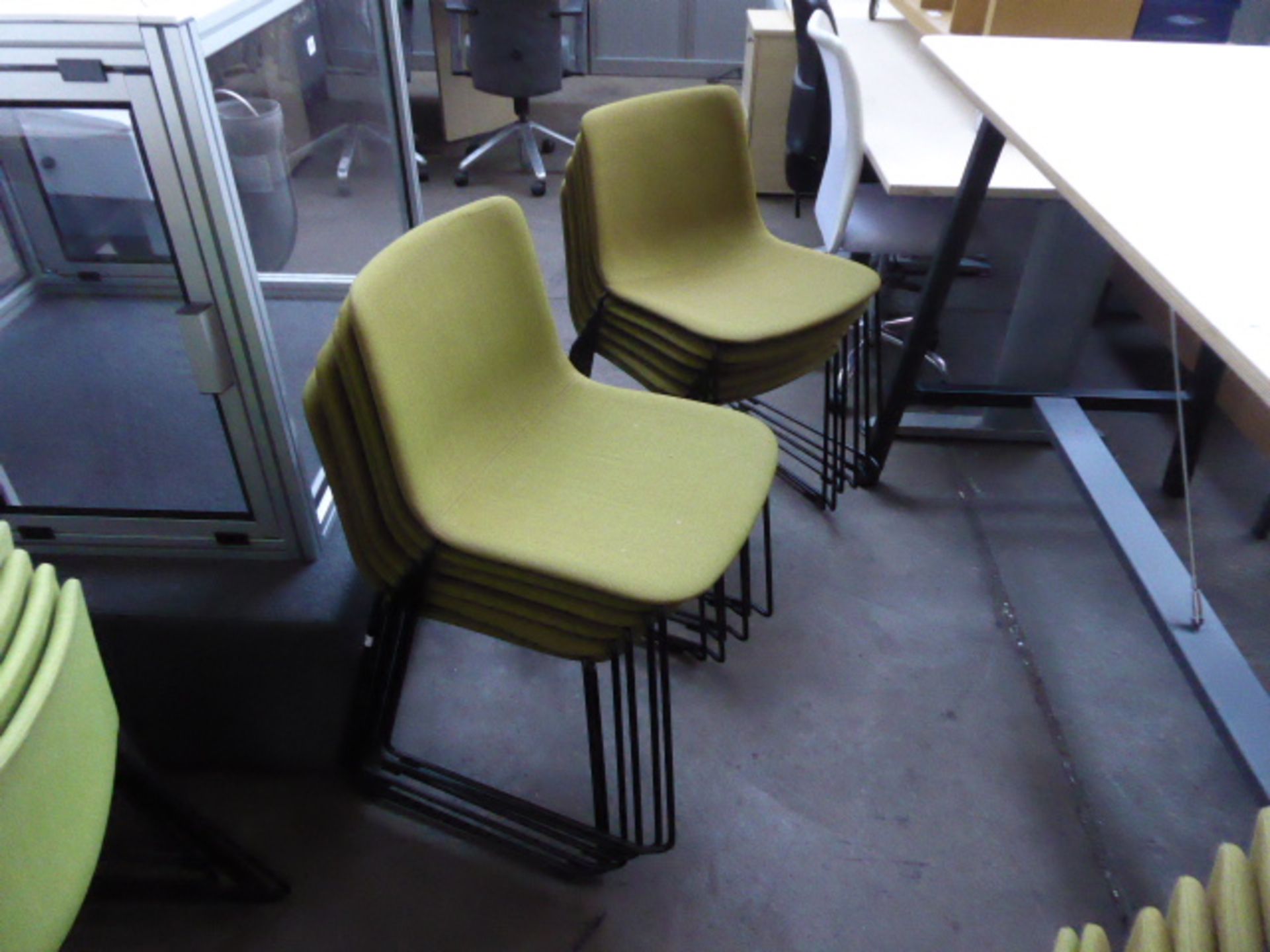 12 Fredericia Welling/Ludvik, item 4102, black framed olive green cloth stacking chairs