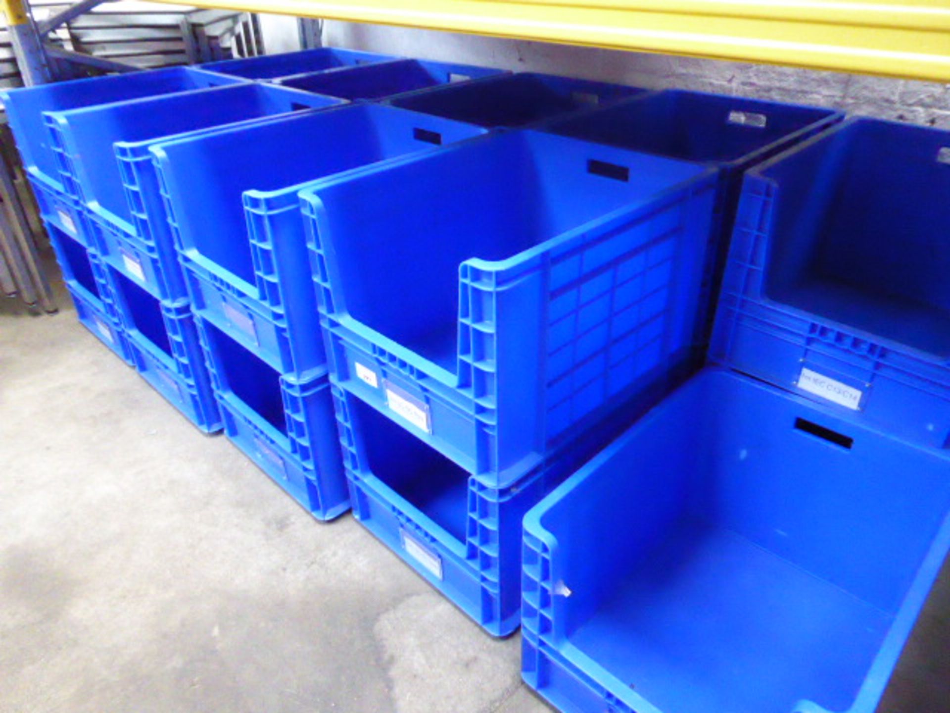 21 blue stacking crates, measuring 60 x 50 x 40cm deep with a custom built trolley for carrying 2