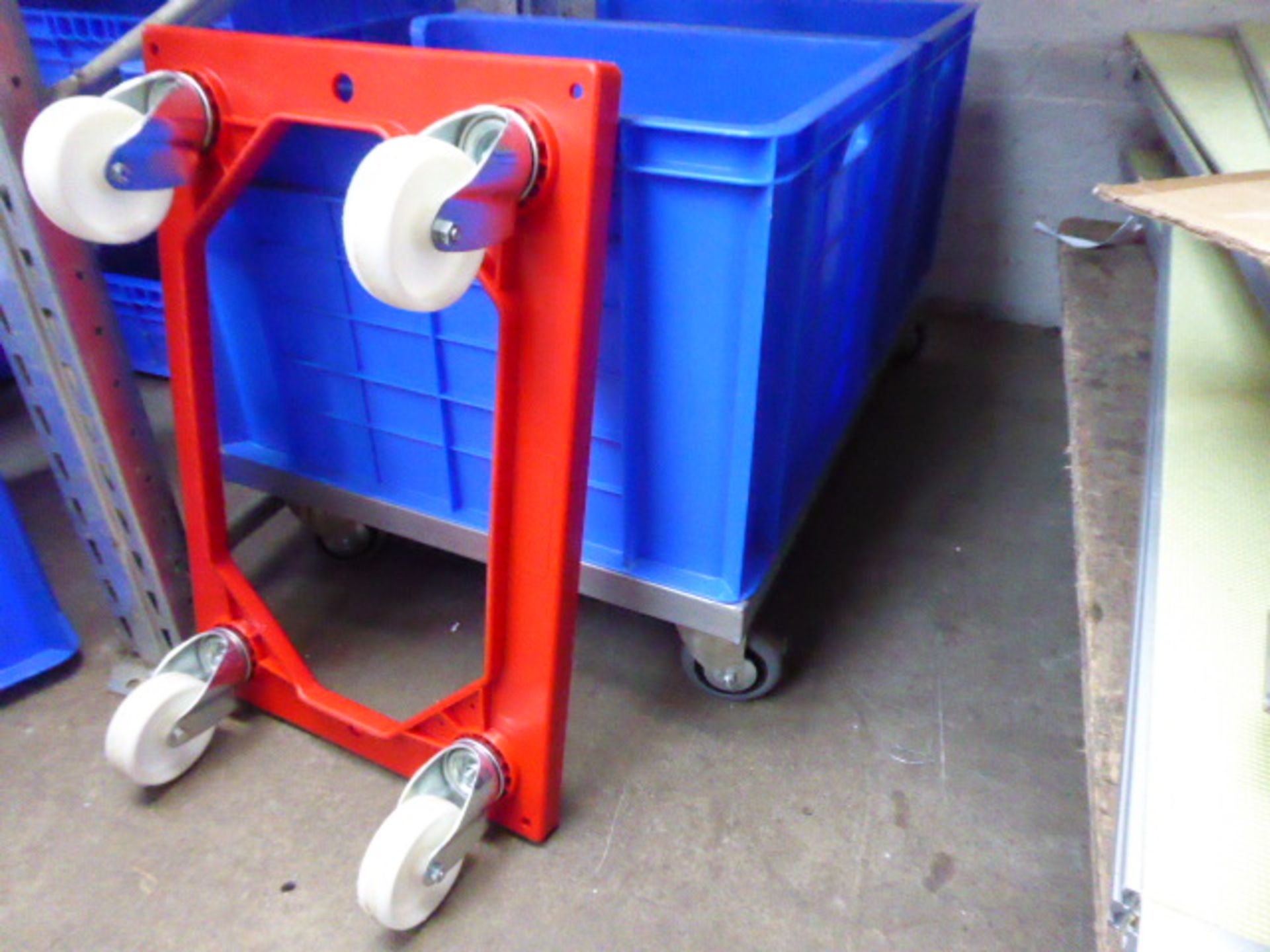 21 blue stacking crates, measuring 60 x 50 x 40cm deep with a custom built trolley for carrying 2 - Image 3 of 3