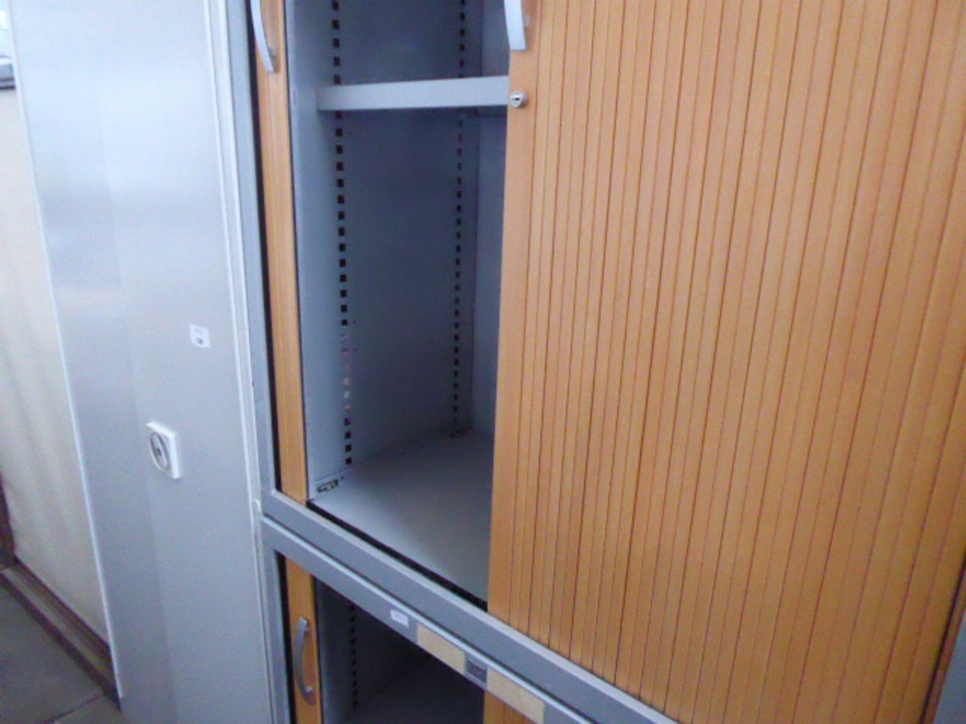 2 JG 100cm grey and oak double tambour storage cabinets - Image 2 of 2