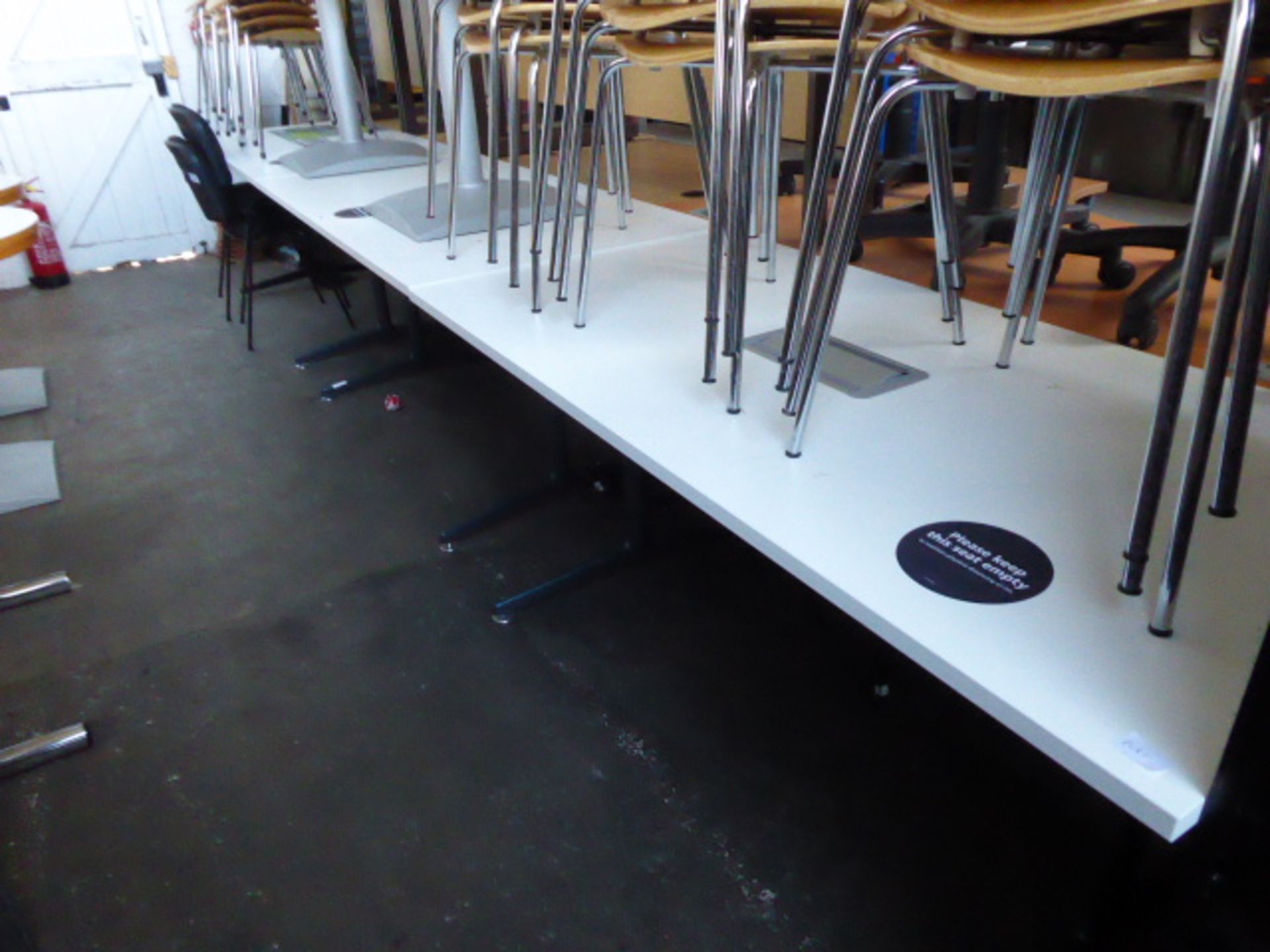 3 x 160cm Senator rectangular top tables on grey legs, 1 with cut-out for power supply and 1 without