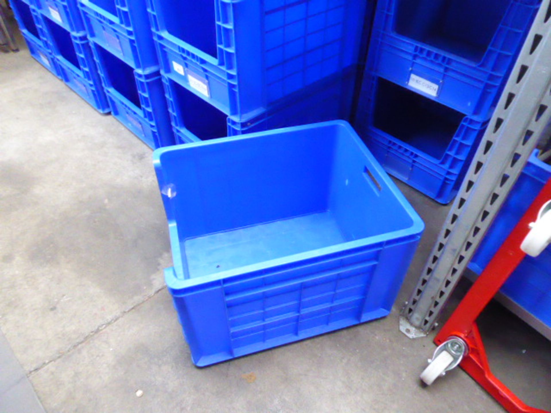 21 blue stacking crates, measuring 60 x 50 x 40cm deep with a custom built trolley for carrying 2 - Image 2 of 3