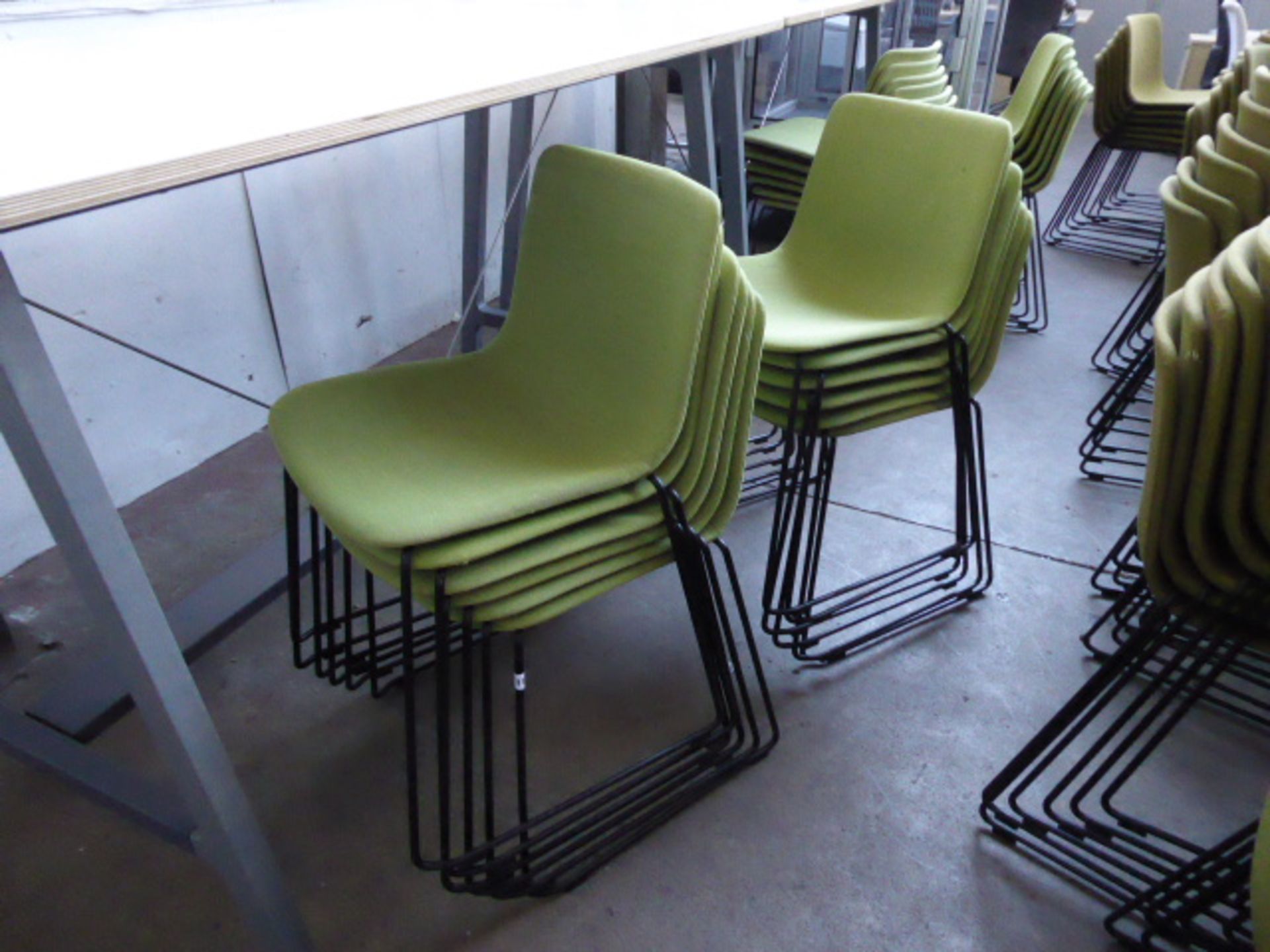 12 Fredericia Welling/Ludvik, item 4102, black framed green cloth stacking chairs