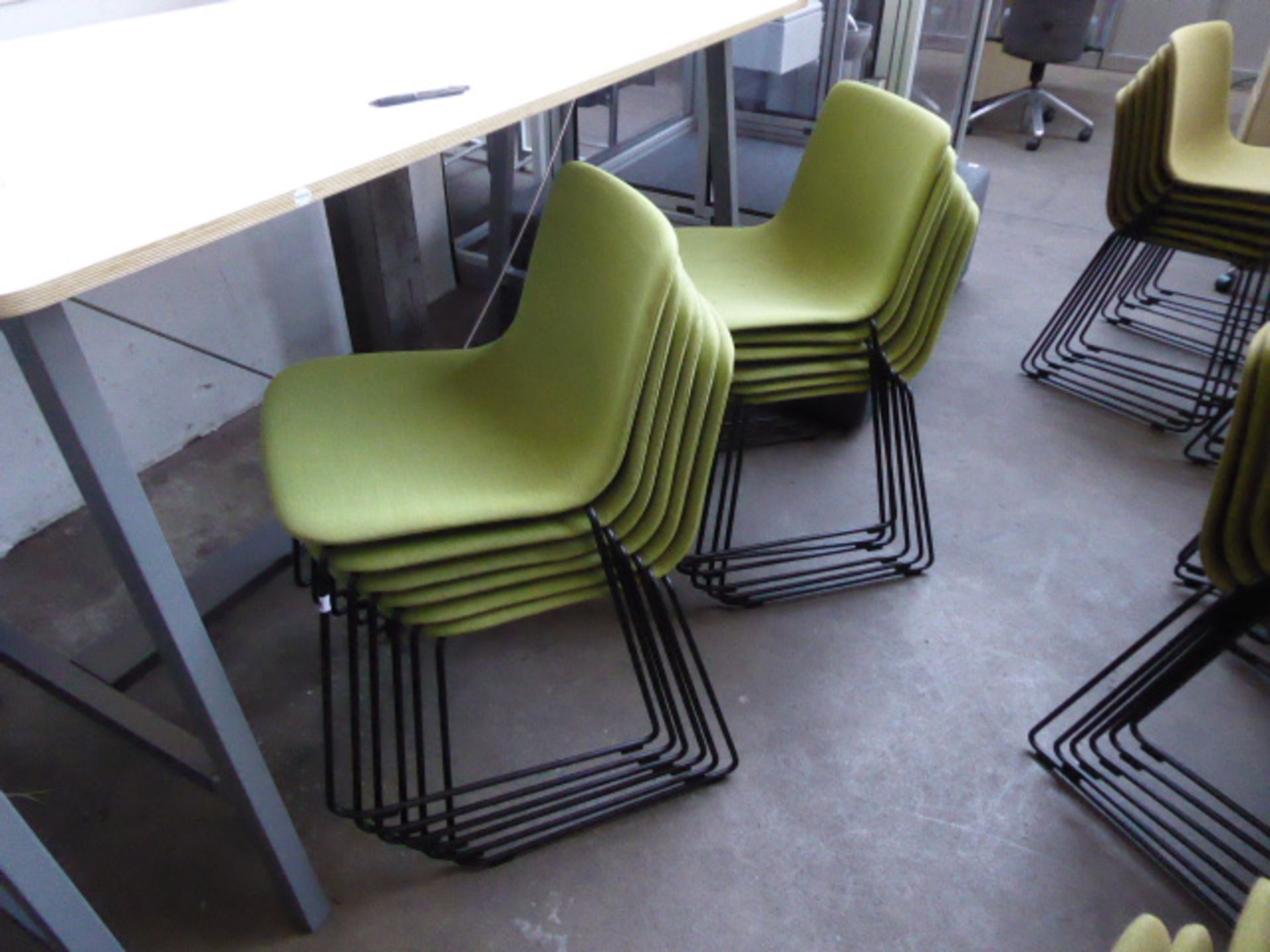 12 Fredericia Welling/Ludvik, item 4102, black framed green cloth stacking chairs