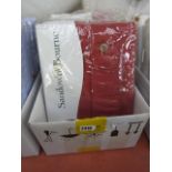 Box containing 4 red and 1 beige sets of curtains