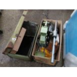 Suitcase and crate of mixed garage spares and accessories incl. photographic equipment