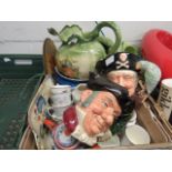 Crate containing large Staffordshire wash jug and bowl, pair of Royal Doulton Toby character jugs (