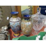2 similar Royal Doulton decorative vases with large crystal lidded urn