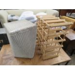 Lloyd Loom style laundry basket with wooden wine rack