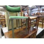 Metal framed chair with green corduroy upholstered seat and back with rush seated dining chair *