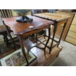 (2034) Dark oak barley twist side table with similar mahogany table