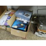Box of various electronics incl. Phillips cordless phone, tyre inflator, etc.