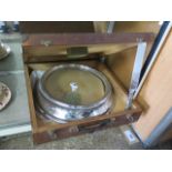 (251) Wooden cased wedding cake stand and knife