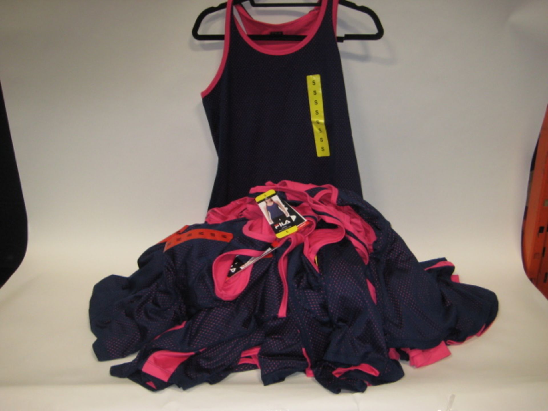 Bag containing 30 ladies Fila mesh overlay tank tops in pink and blue sizes S & M