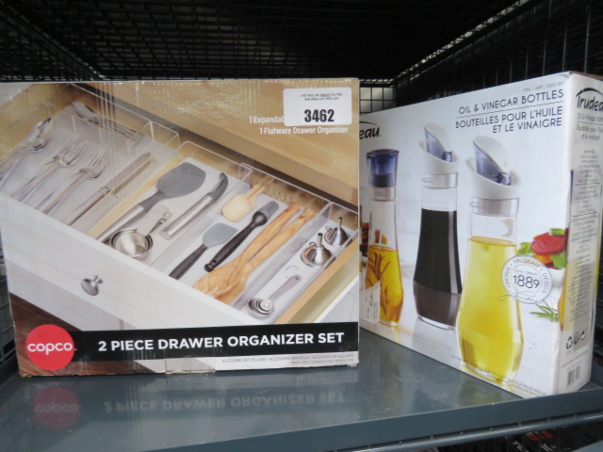 Two piece drawer organiser set and an oil and vinegar bottle set
