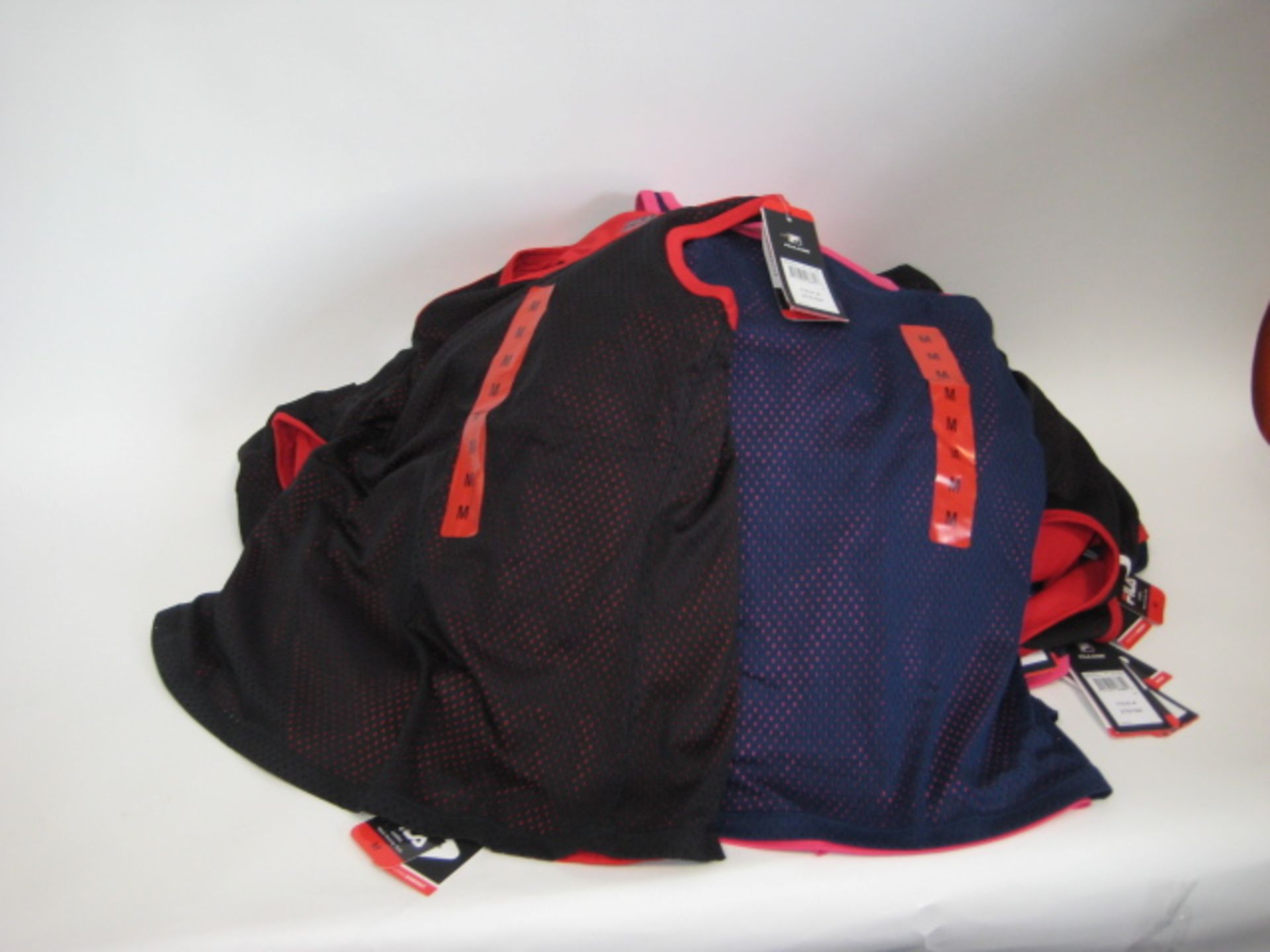 Bag containing 20 Fila mesh overlay tank tops in pink and blue & 6 in black and red sizes ranging