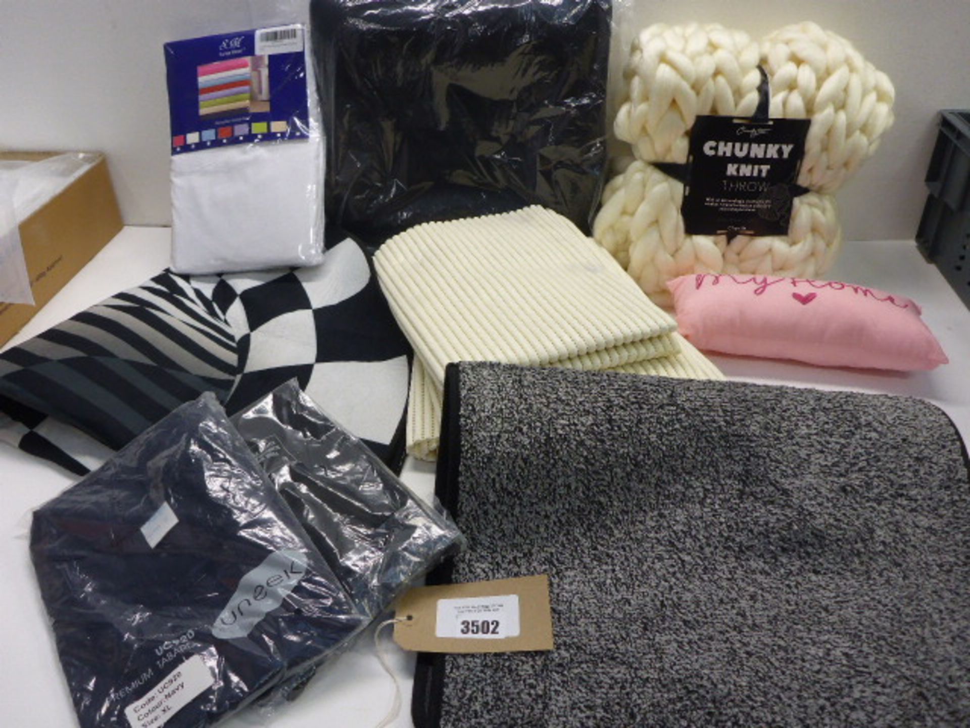 Chunky knit throw, cushions, fitted sheet, non slip mats & matting, tabards etc