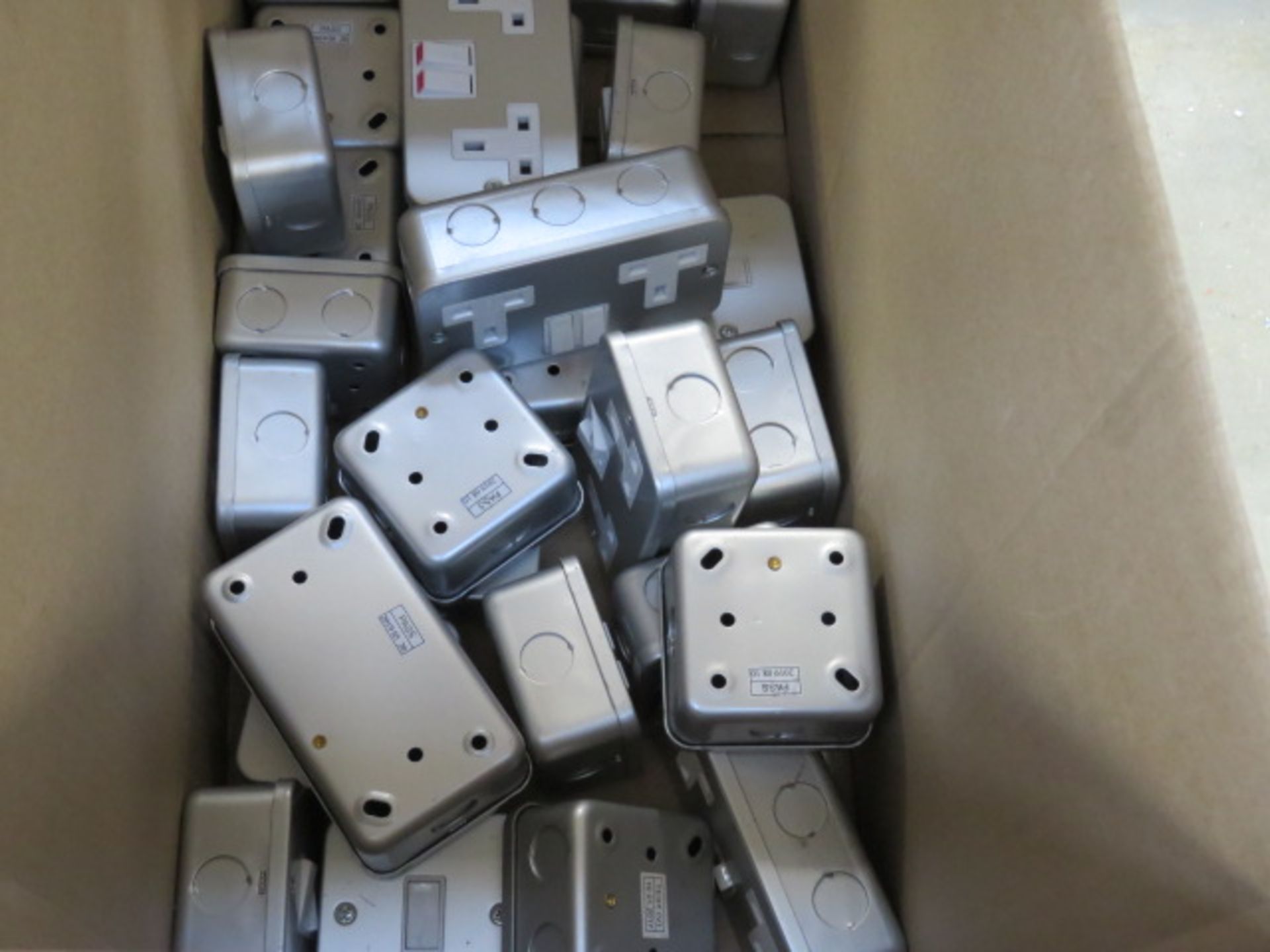 3 boxes containing metal industrial style switch sockets, wall sockets, floor sockets, lamp - Image 4 of 4