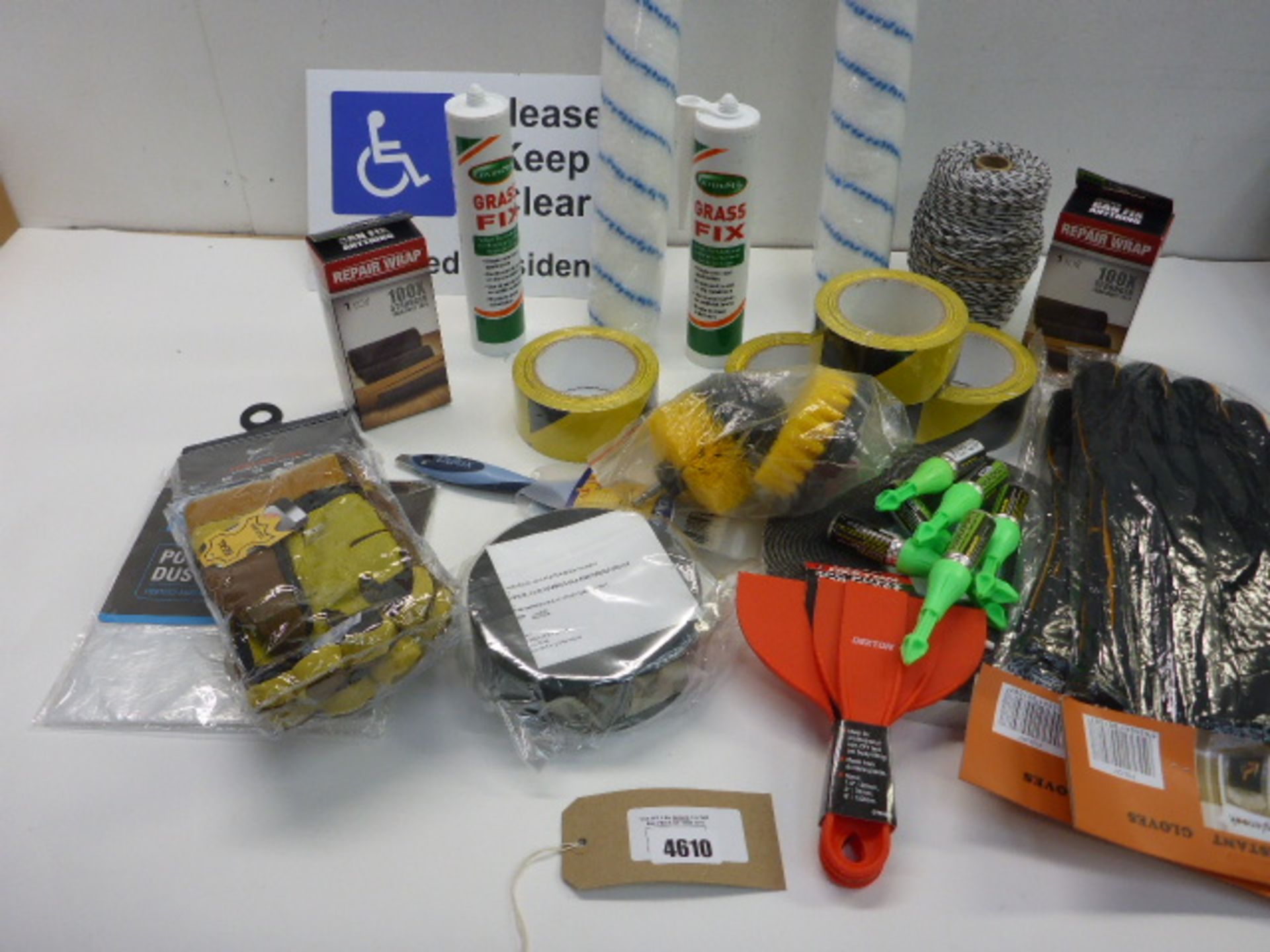 Barrier tape, repair wrap, paint brushes, rollers, dust sheets, gloves, Grass fix, Keep Clear sign