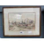 (56) - Framed and glazed watercolour, lane with village in background, by F. Rider