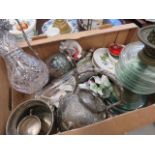 5554 - A box containing a claret jug (AF), silver plated spirit kettle, teapot, oil lamp and general
