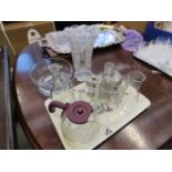 5383 - A plastic serving tray with stainless steel teapot, hot water jug, plus glass jugs and bowl