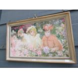 An Irene Welburn, oil on board, 3 ladies in flower garden