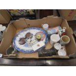 5491 - A box containing crestedware, meat platter, ornaments and commemorative mugs
