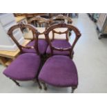 4 carved Edwardian dining chairs, with purple fabric seats
