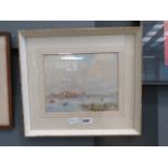 (55) - Framed and glazed watercolour, estuary with sailing boats and buildings in background, by