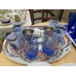 5279 - A floral decorated serving tray, plus a quantity of tumblers, pair of ornaments and china