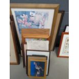 A stack of prints, to include: photographic townscapes, still life with flowers, a clock and oils on