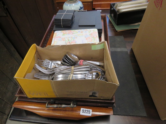 2 wooden serving trays, box with loose cutlery, plus place mats and coasters